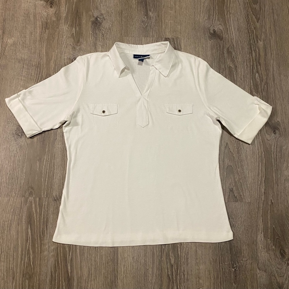 Karen Scott White Cotton Collared Blouse Top XL Office Coastal Chic Classic - Picture 2 of 5
